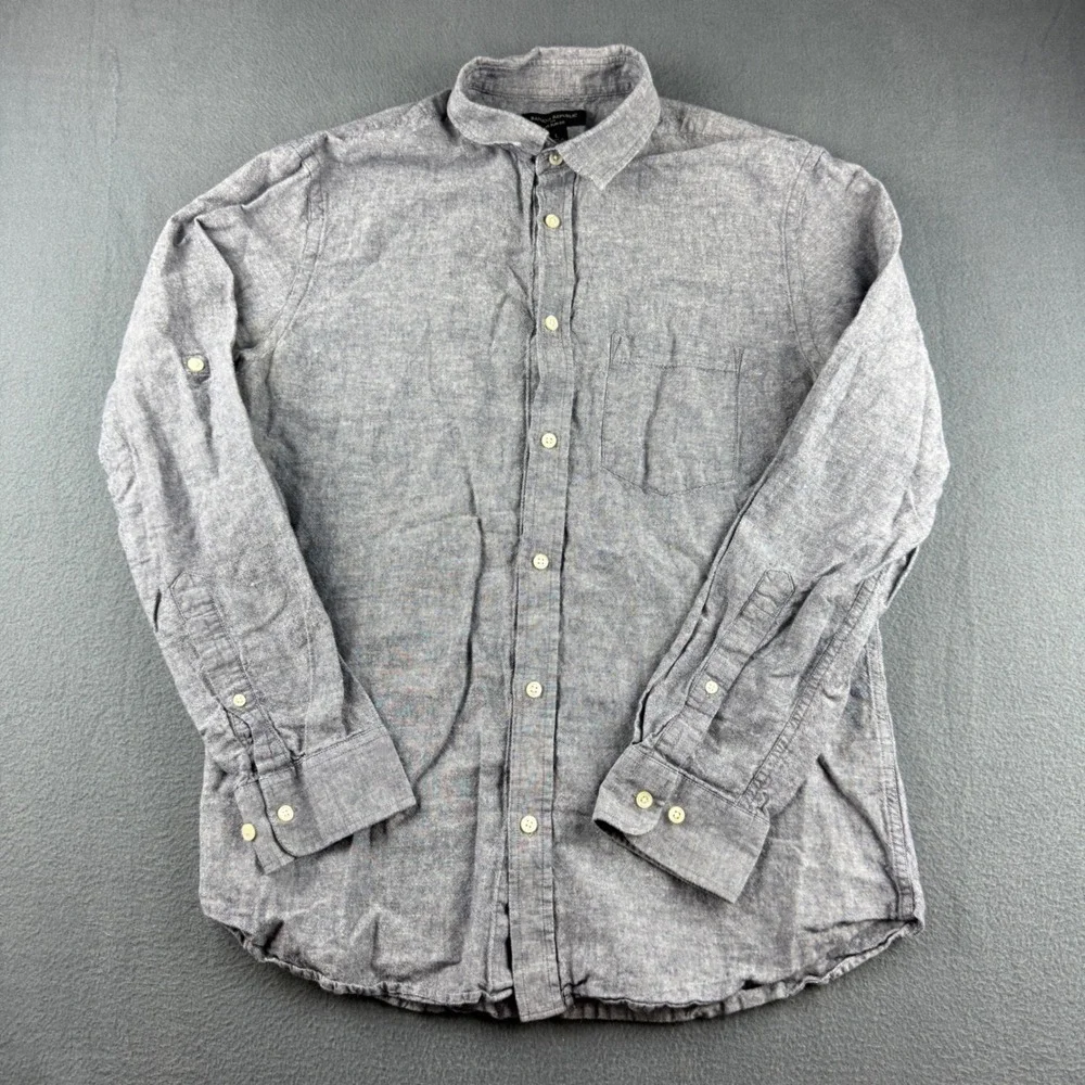 Banana Republic Shirt Men's L Blue Linen Blend Slim Fit Lightweight Beach Summer